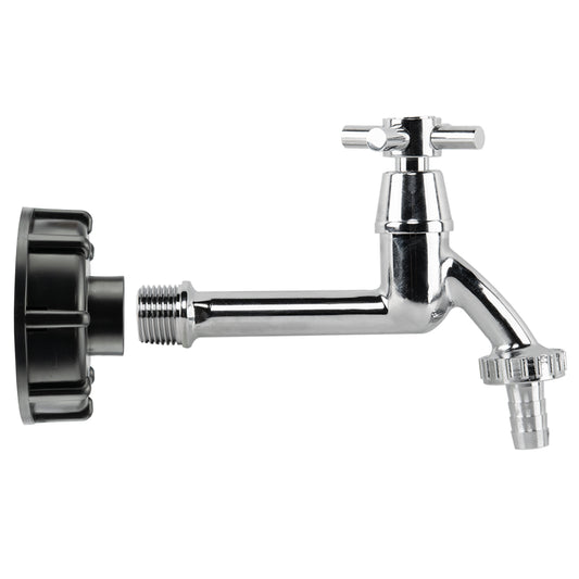 S60X6 IBC Cap kit with extended cross-head tap and half-inch hose-barb outlet.