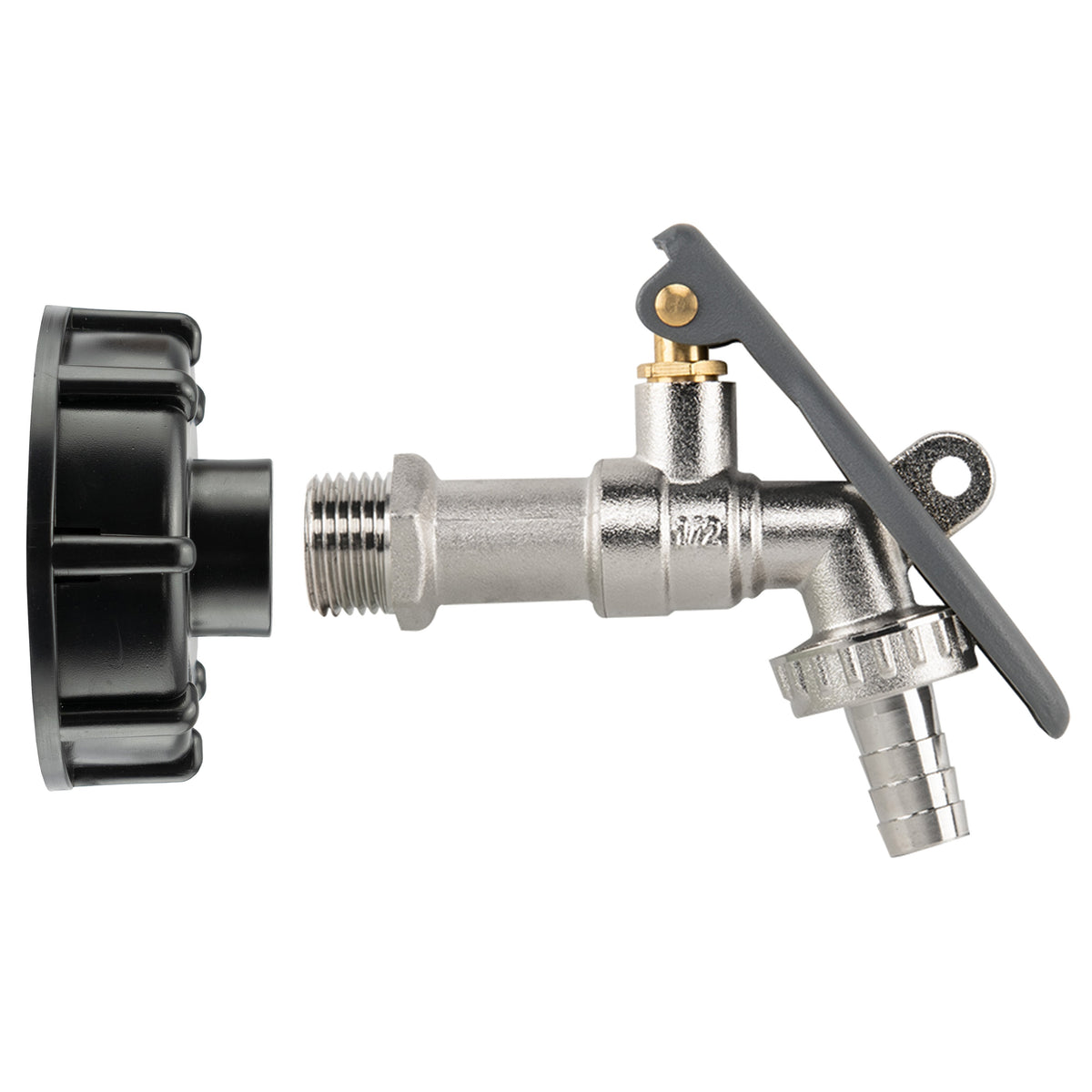 S60X6 IBC Cap kit with lever-lock tap and half-inch hose-barb outlet.