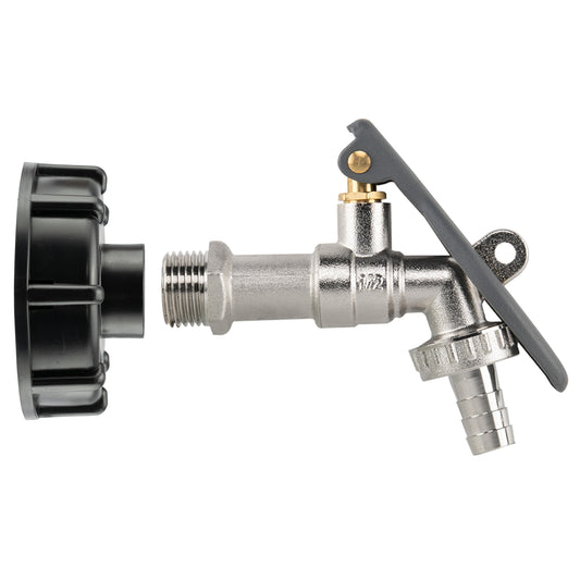 S60X6 IBC Cap kit with lever-lock tap and half-inch hose-barb outlet.