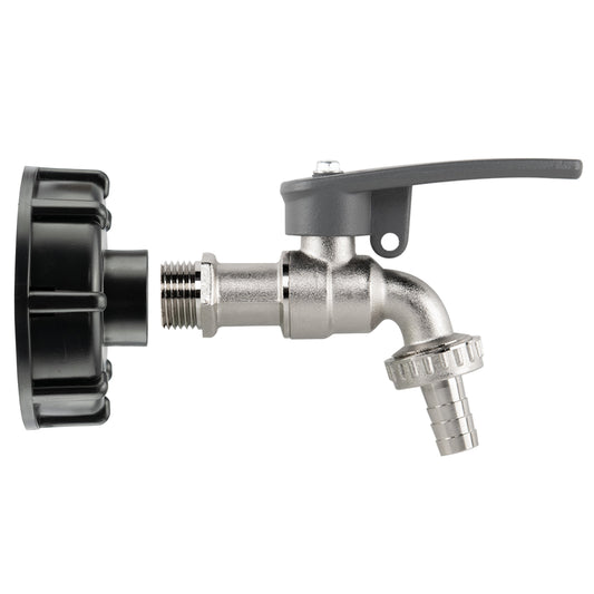S60X6 IBC Cap kit with side-lock lever tap and half-inch hose-barb outlet.