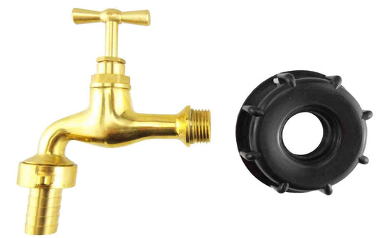 IBC S60X6 Cap with Polished Brass Tap – 15mm Hose Barb; supplied fittings shown.