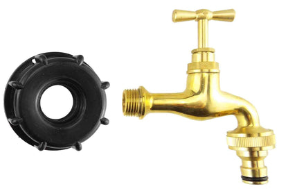 Polished brass garden tap with cross handle and snap-on hose outlet beside a black S60X6 IBC cap.