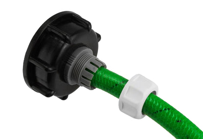 S60X6 IBC cap and white-nut hose connector shown attached to green hose.