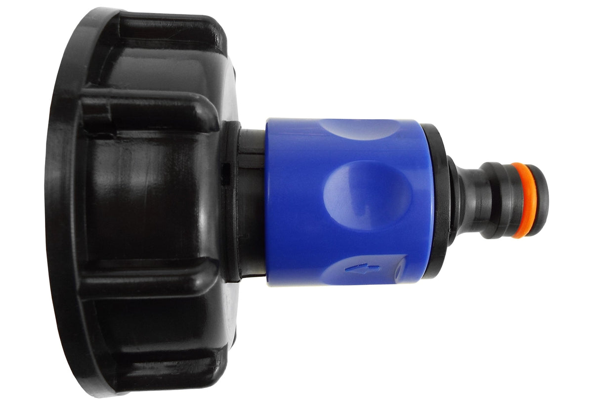 IBC S60X6 Cap & Blue Quick-Connect Plug; supplied fittings shown.