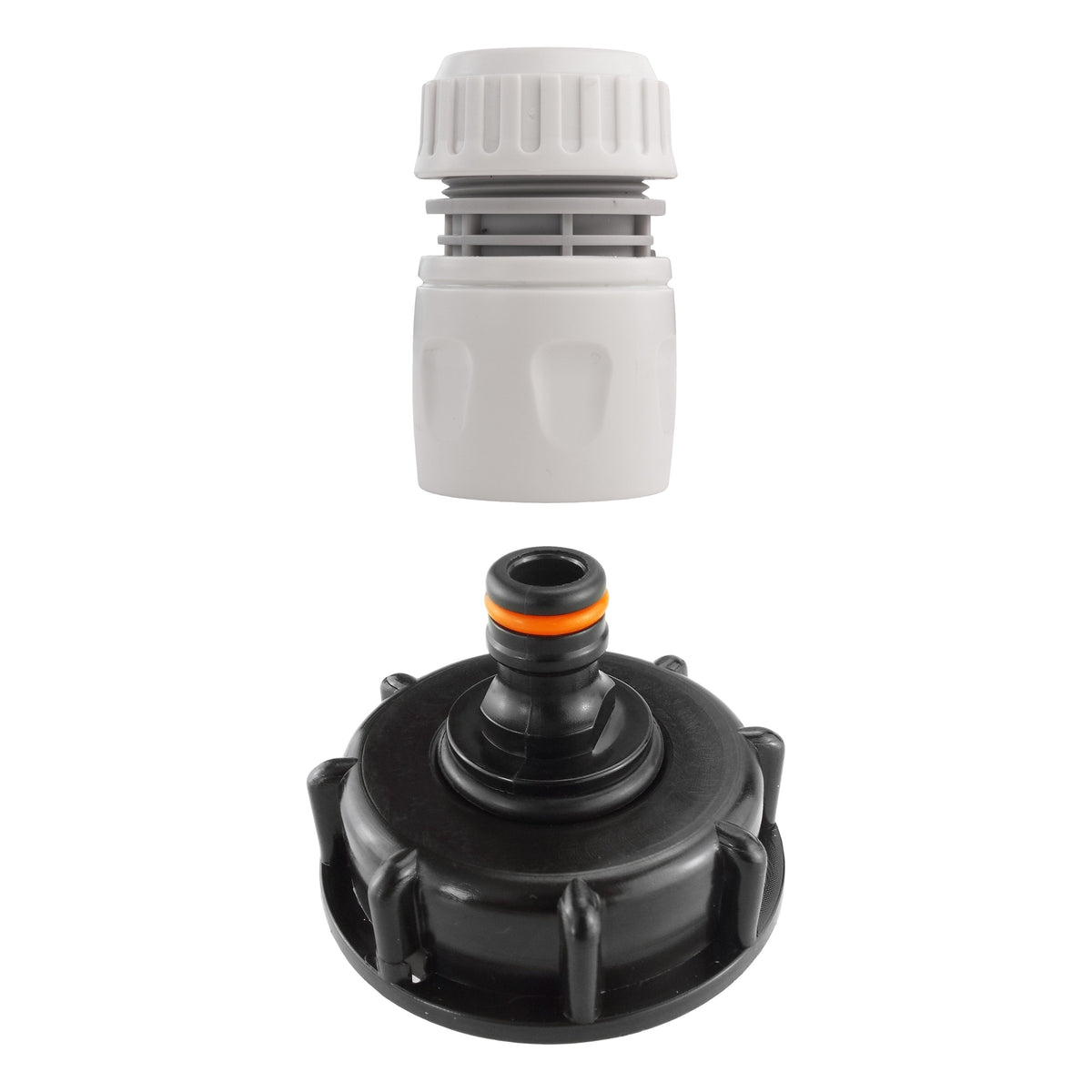 IBC S60X6 Cap & Quick Coupling – Grey/White Hose End; supplied fittings shown.