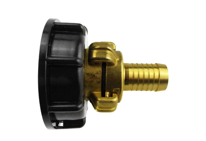 Black S60X6 IBC cap and brass Geka-type claw couplings with a 13mm hose barb.