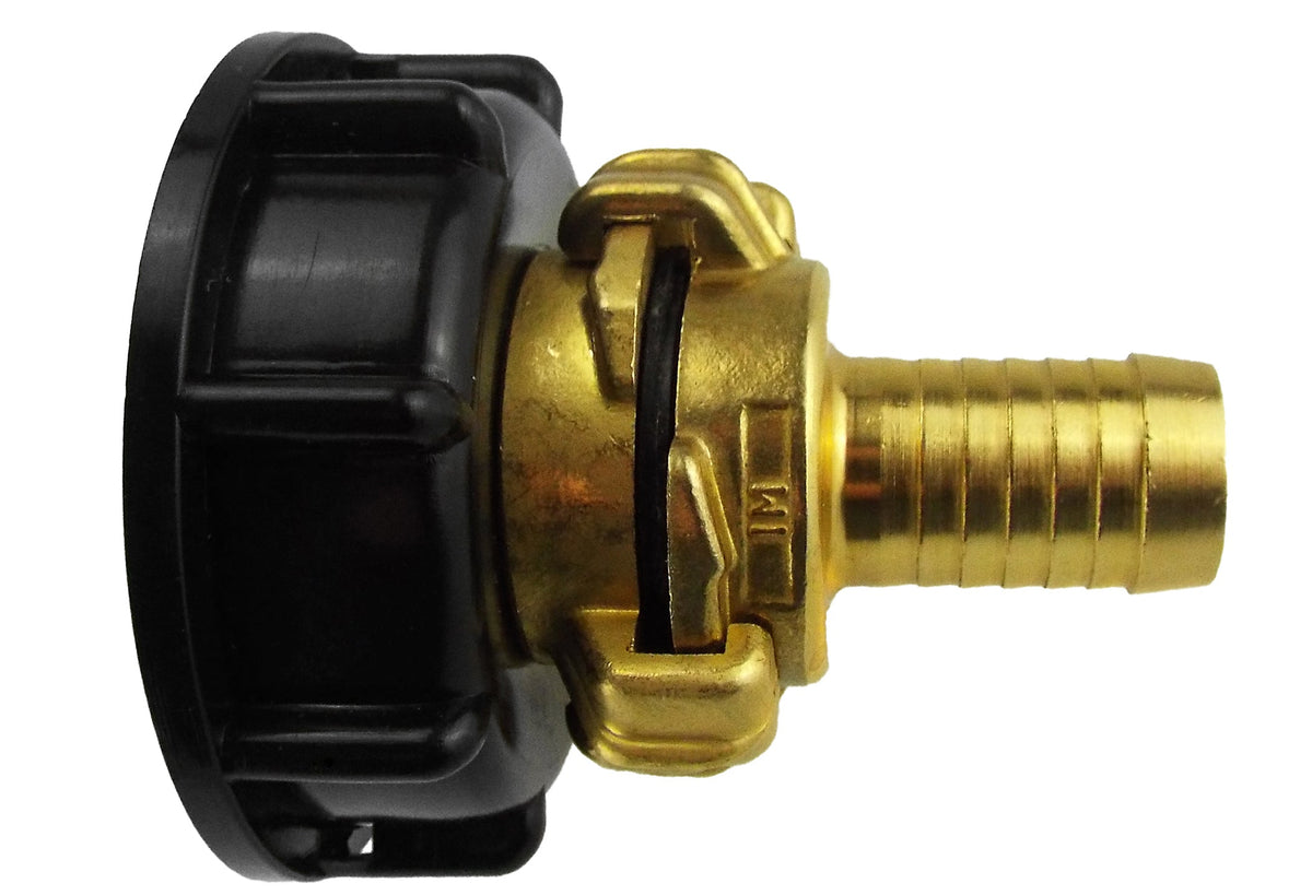 Black S60X6 IBC cap and brass Geka-type claw couplings with a 25mm hose barb.