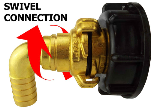 IBC S60X6 Cap & Brass Claw Fittings – 19mm Swivel Elbow; supplied fittings shown.