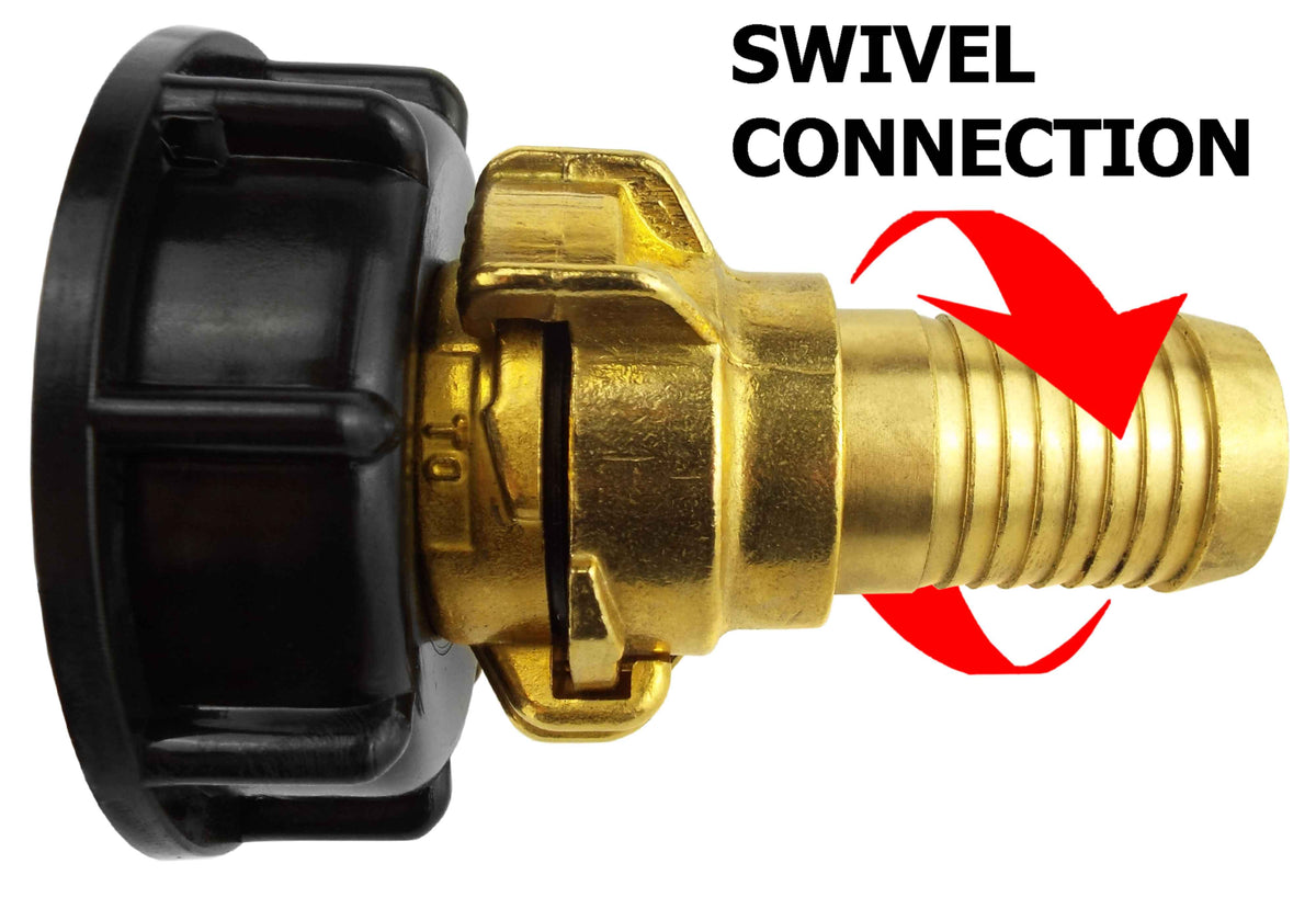 IBC S60X6 Cap & Brass Claw Fittings – 19mm Swivel Straight; supplied fittings shown.