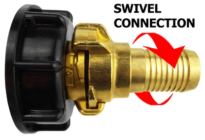 IBC S60X6 Cap & Brass Claw Fittings – 19mm Swivel Straight; supplied fittings shown.
