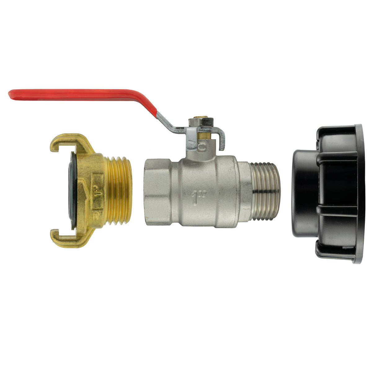 IBC S60X6 Cap & Brass Lever Valve – Geka-Type Claw Outlet; supplied fittings shown.