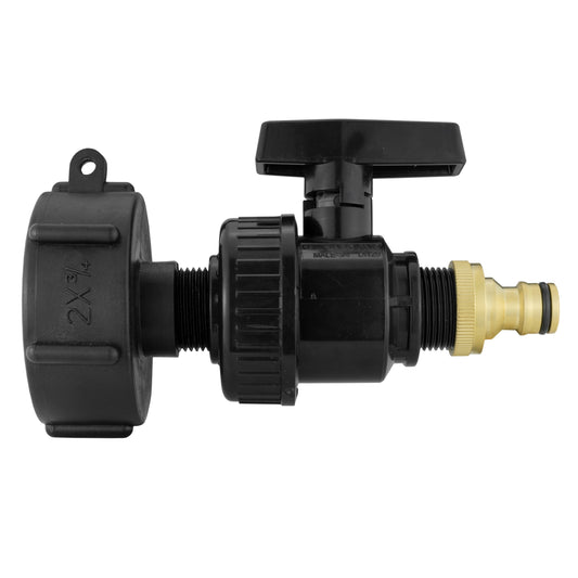 IBC S60X6 Adapter & Large Valve – Brass Quick Outlet; supplied fittings shown.