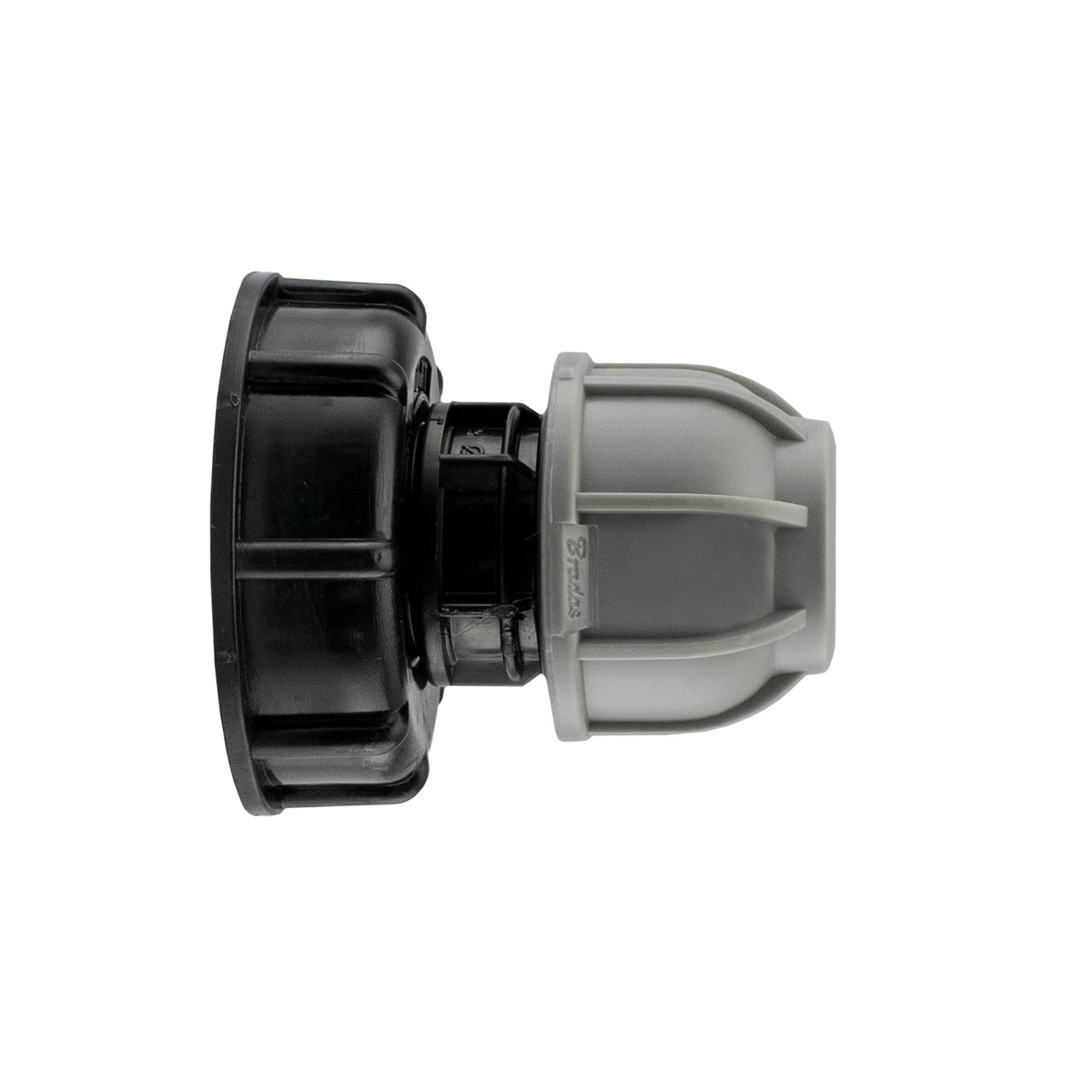 S60X6 IBC cap attached to a 20mm MDPE straight connector with grey compression nut.