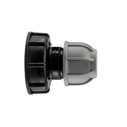 S60X6 IBC cap attached to a 20mm MDPE straight connector with grey compression nut.
