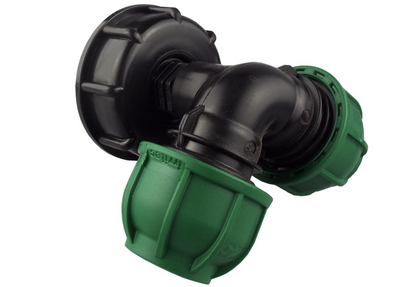 S60X6 IBC adapter connected to a green-ended 25mm MDPE elbow-tee fitting.