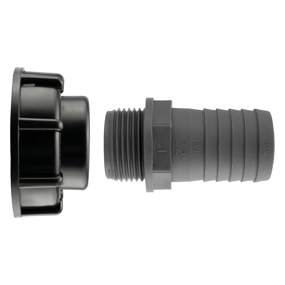 IBC S60X6 Cap with 32mm Straight Hose Tail; supplied product shown.