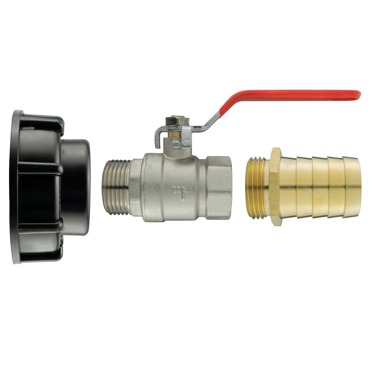 IBC S60X6 Cap & Brass Lever Valve – 32mm Hose Barb; supplied product shown.