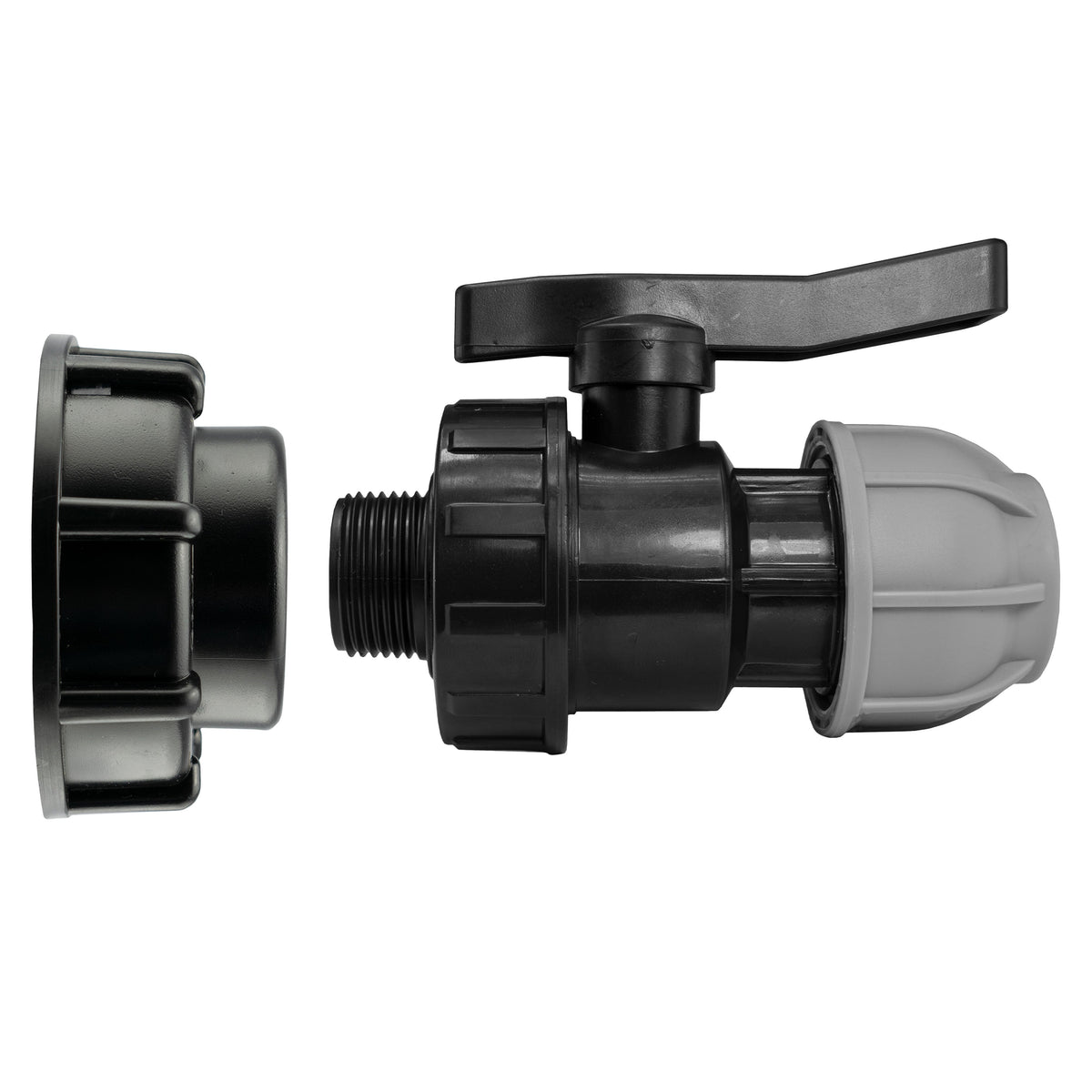 S60X6 IBC cap attached to a lever-operated 25mm MDPE valve with grey compression nut.