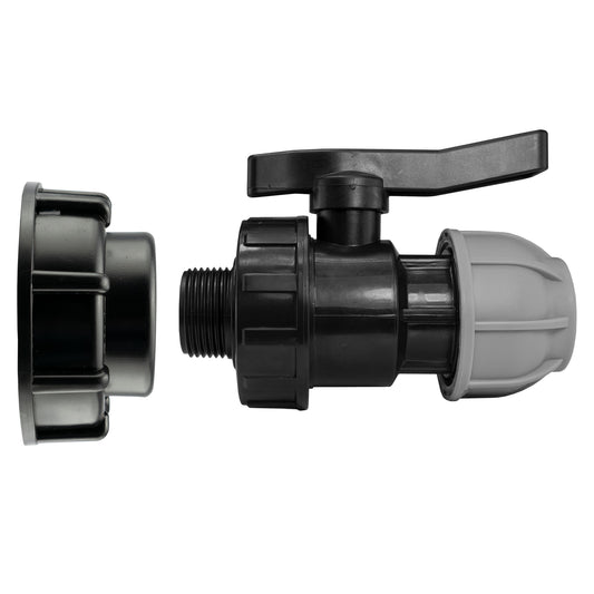 S60X6 IBC cap attached to a lever-operated 25mm MDPE valve with grey compression nut.