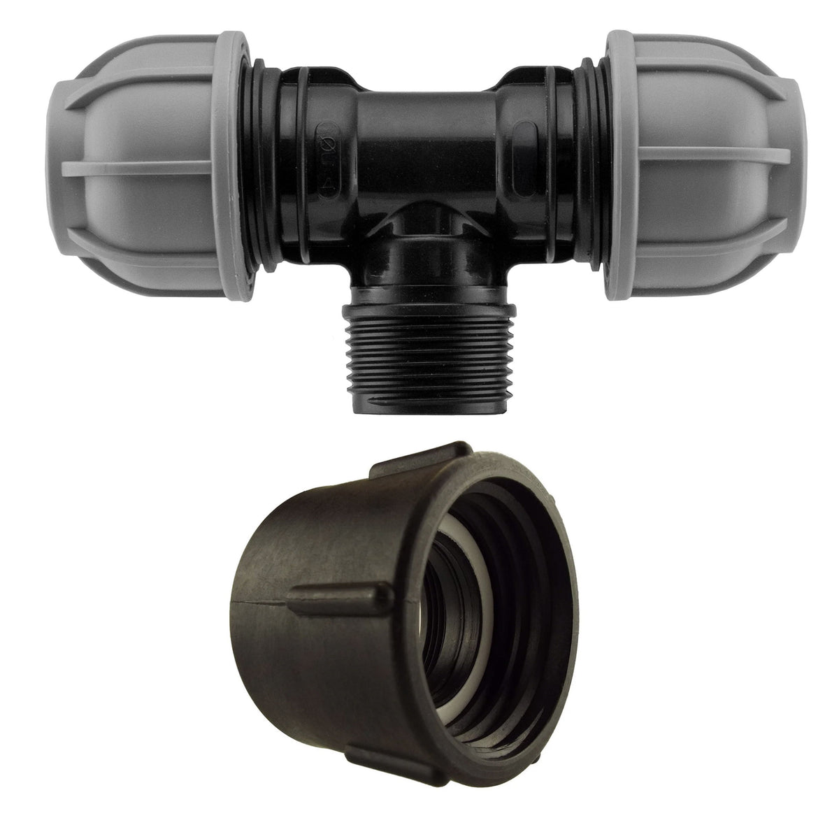 IBC S60X6 Adapter with 50mm MDPE Compression Tee; supplied product shown.