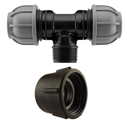 IBC S60X6 Adapter with 50mm MDPE Compression Tee; supplied product shown.