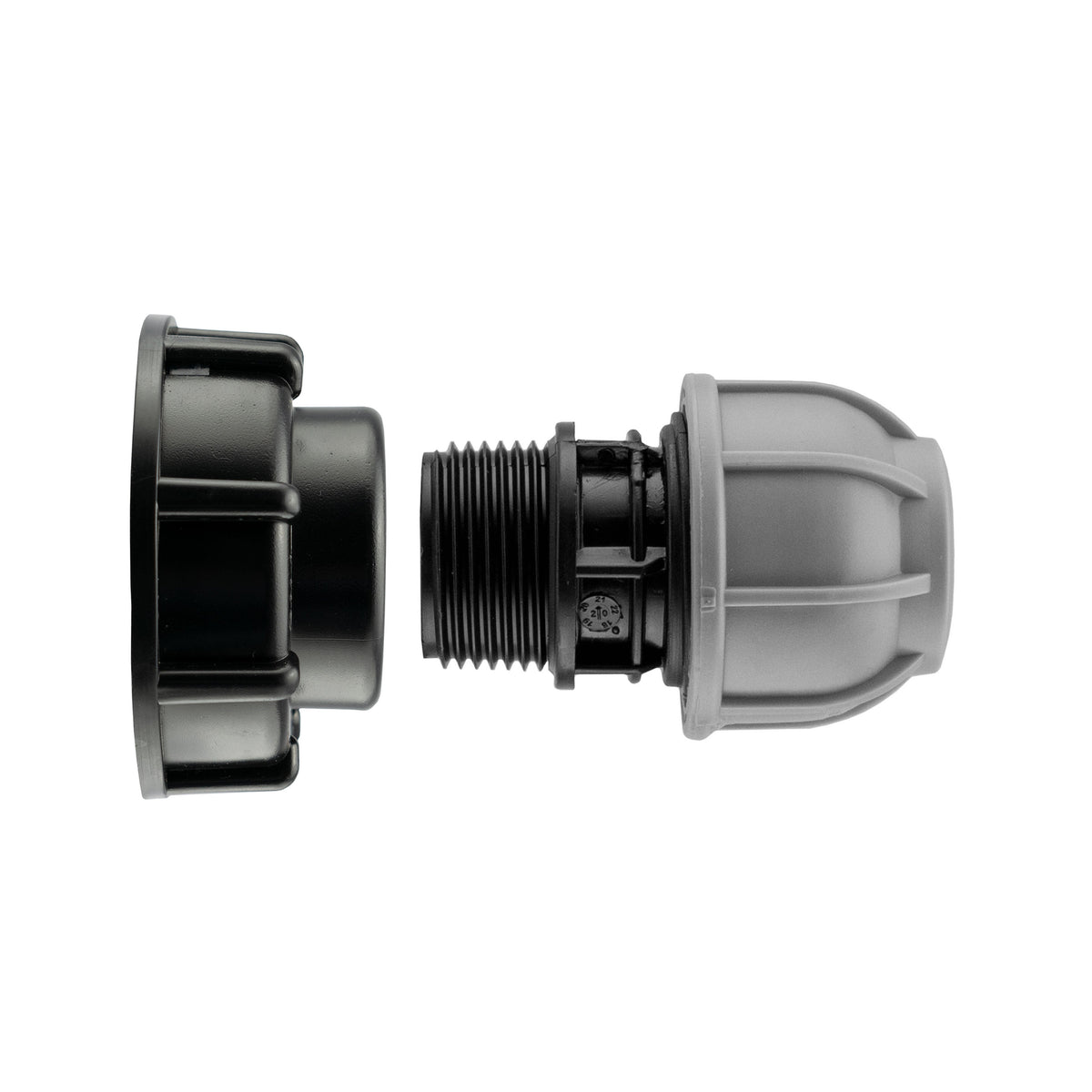 IBC S60X6 Cap with 40mm MDPE Straight Connector; supplied product shown.