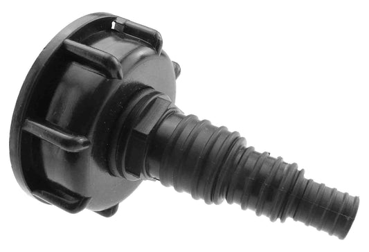 Black S60X6 IBC cap with a straight stepped pond hose tail for 13mm, 20mm or 25mm hose.