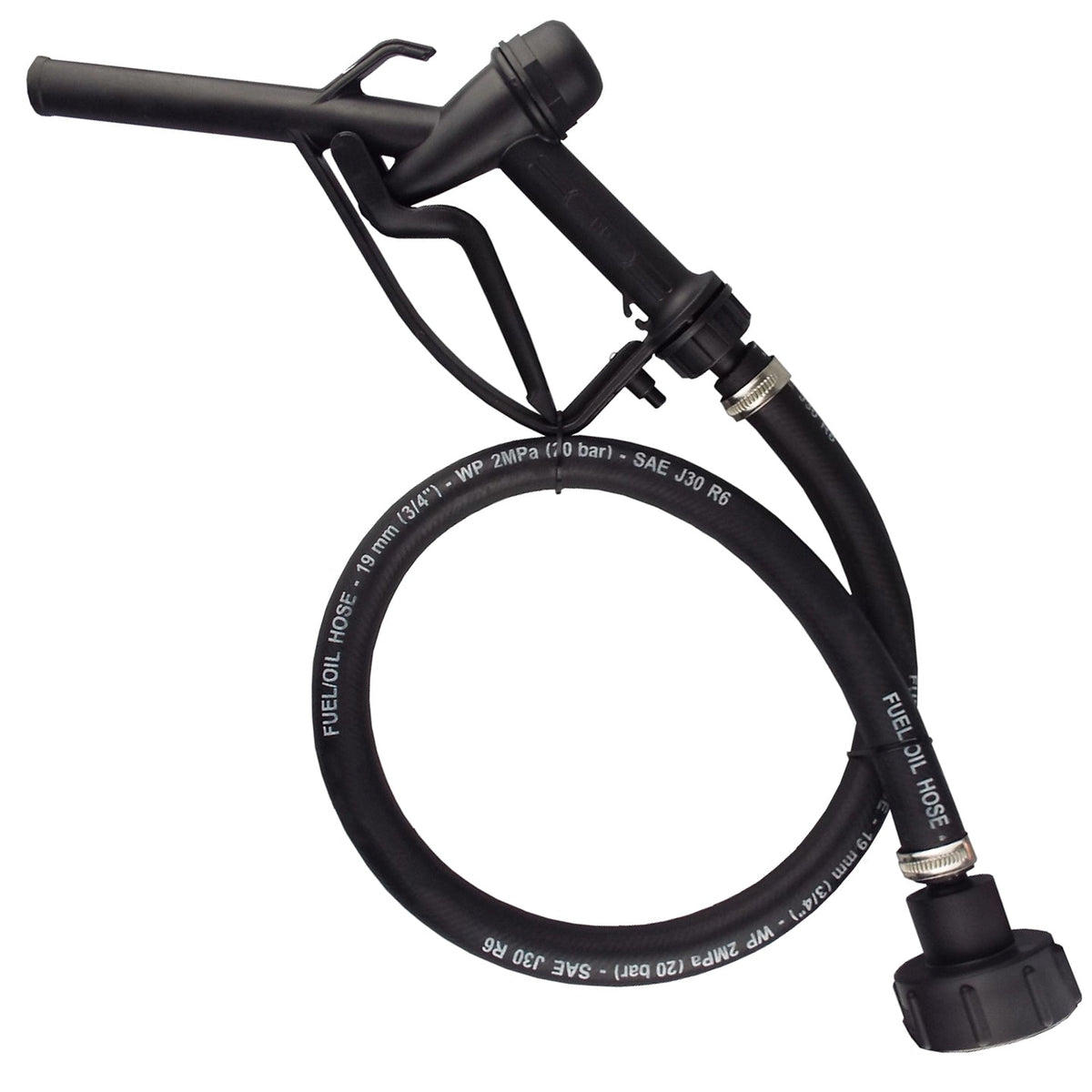 Black trigger-operated dispensing nozzle, coiled black rubber hose and black S60X6 IBC adapter.