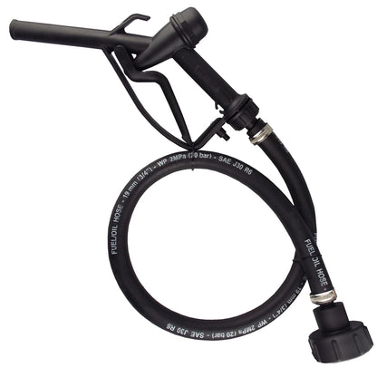 Black trigger-operated dispensing nozzle, coiled black rubber hose and black S60X6 IBC adapter.