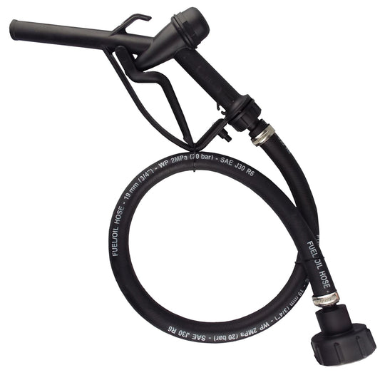 Black trigger-operated dispensing nozzle, coiled black rubber hose and black S60X6 IBC adapter.