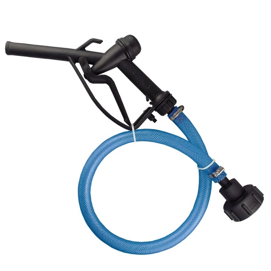 Black trigger-operated dispensing nozzle, coiled transparent blue braided PVC hose and black S60X6 IBC adapter.