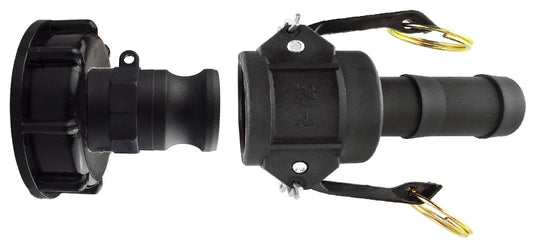 IBC S60X6 Cap & ¾″ Camlock Hose-Tail Kit; supplied fittings shown.