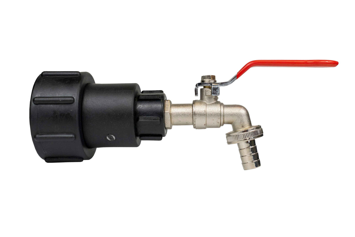 IBC S60X6 Extended Adapter with ¾″ Barbed Lever Tap; supplied fittings shown.