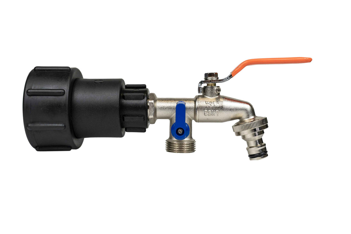 IBC S60X6 Extended Adapter with Double Garden Tap; supplied fittings shown.