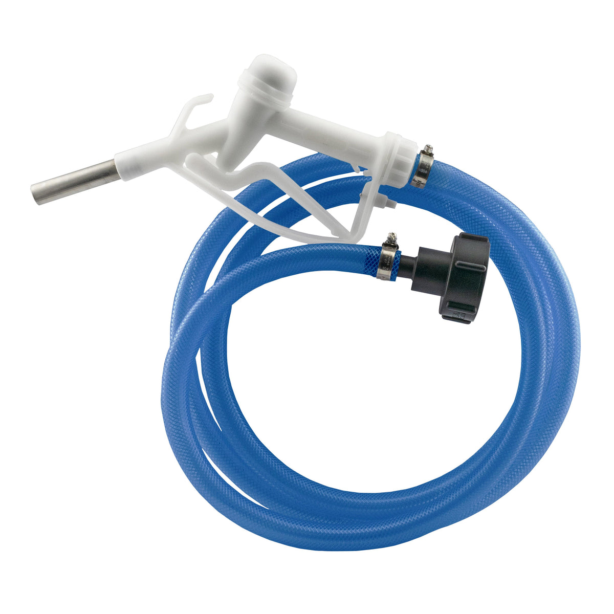 White dispensing nozzle with metal outlet, coiled transparent blue braided PVC hose and black S60X6 IBC adapter.