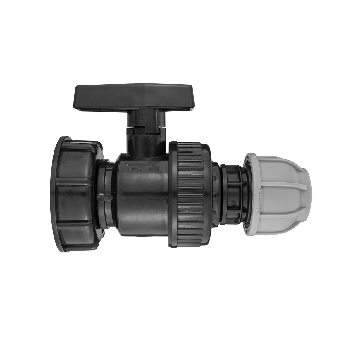 IBC S60X6 Cap & Large Valve – 32mm MDPE Connection; supplied fittings shown.