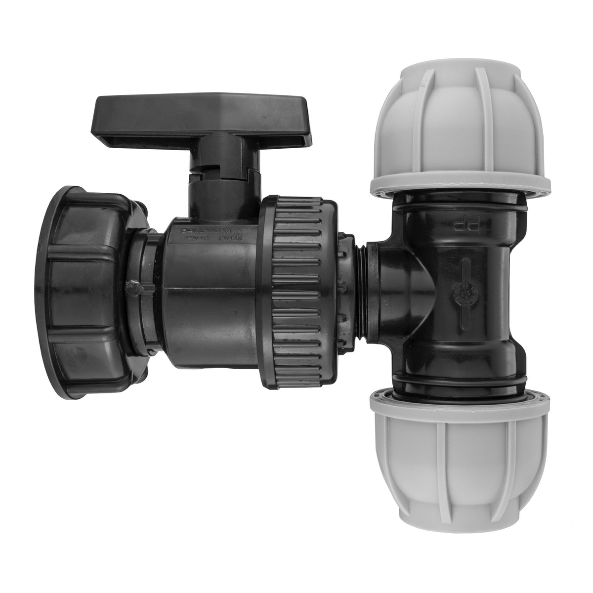 S60X6 IBC cap, plastic valve and 25mm MDPE tee assembled together.