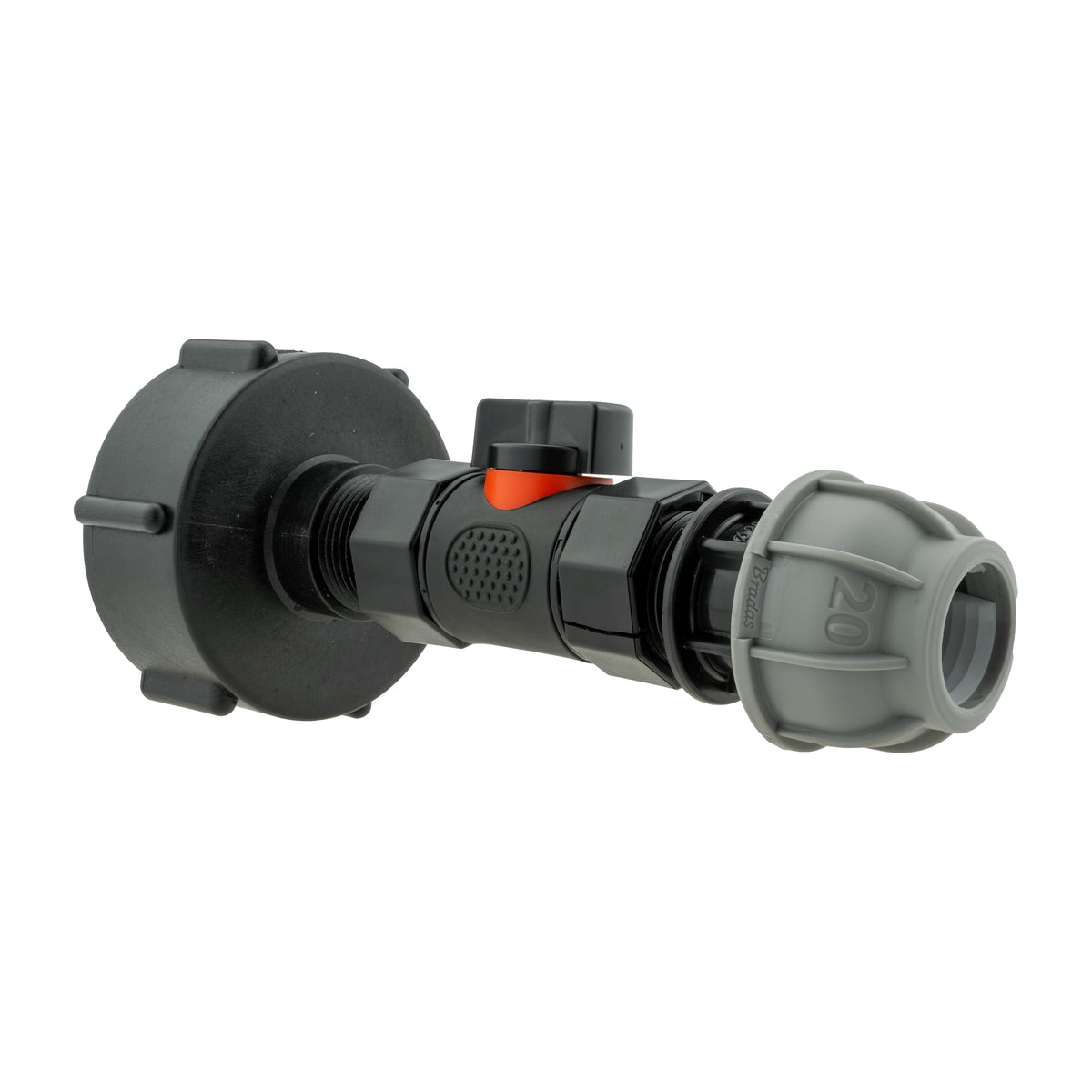 IBC S60X6 Adapter & Inline Valve – 20mm MDPE Connector; supplied fittings shown.