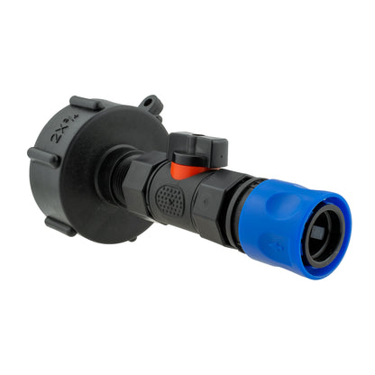 Black S60X6 IBC adapter with inline valve and blue female snap-on hose connector.