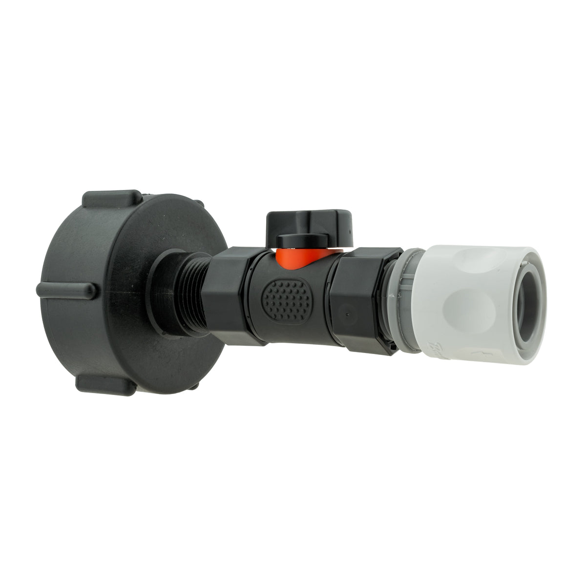 IBC S60X6 Adapter & Inline Valve – Grey/White Quick Socket; supplied fittings shown.