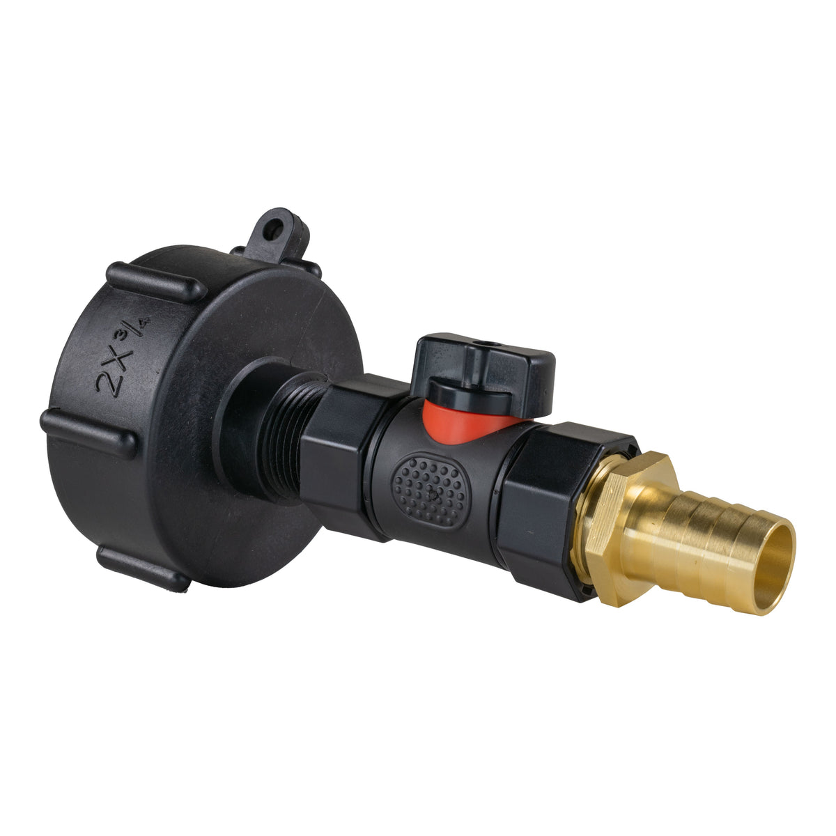 IBC S60X6 Adapter & Inline Valve – 19mm Brass Barb; supplied fittings shown.