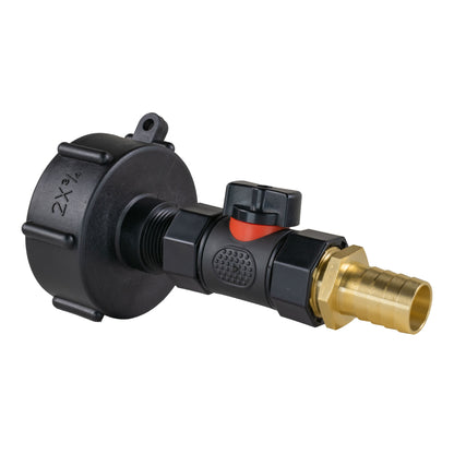 IBC S60X6 Adapter & Inline Valve – 19mm Brass Barb; supplied fittings shown.