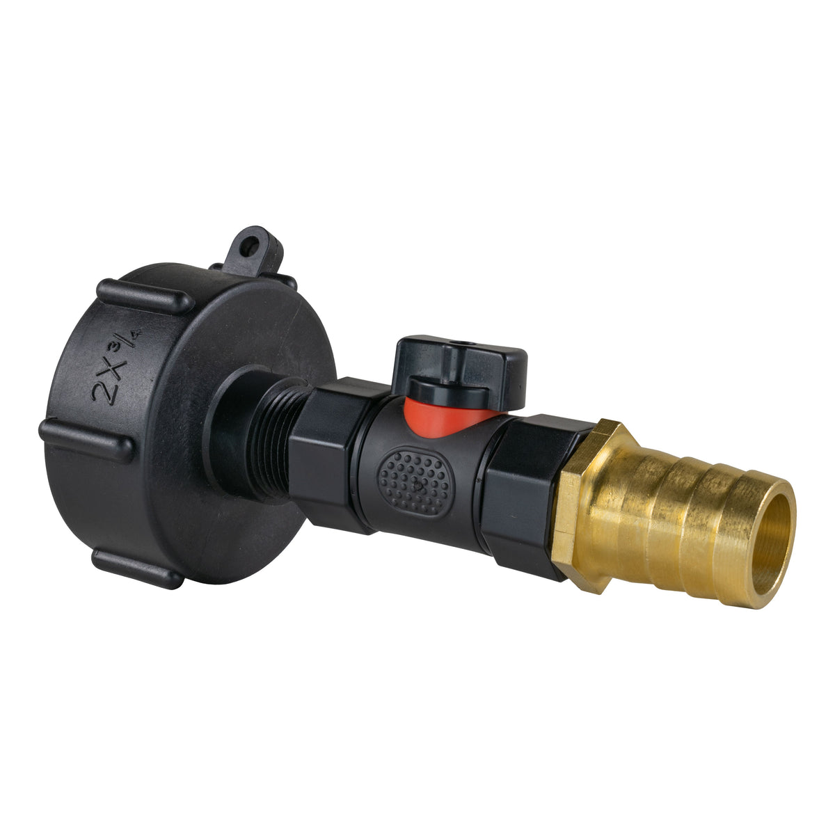IBC S60X6 Adapter & Inline Valve – 25mm Brass Barb; supplied fittings shown.