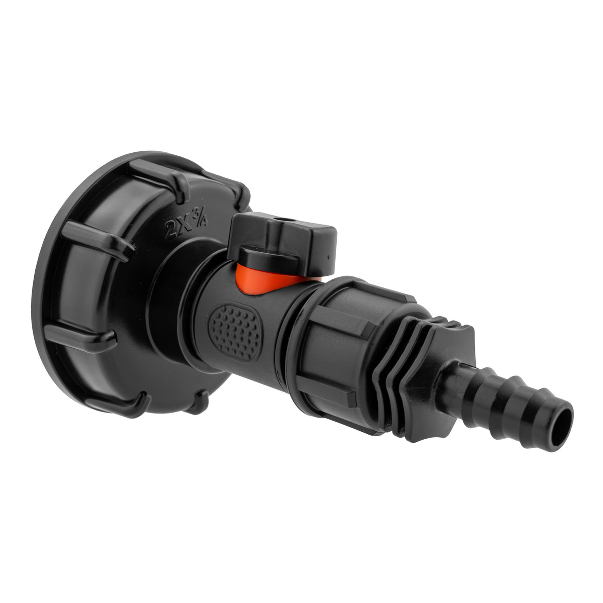 Black S60X6 IBC cap, inline valve and straight barbed irrigation hose-tail fitting.