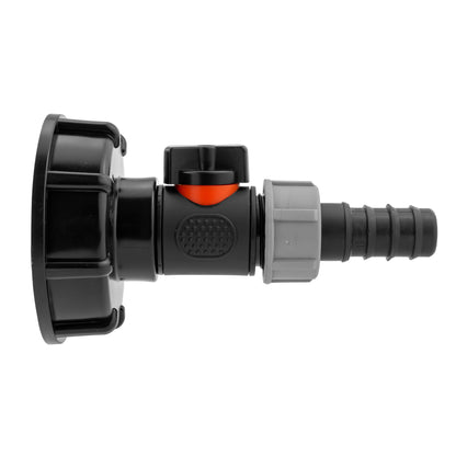 IBC S60X6 Cap & Inline Valve – 20mm Irrigation Barb; supplied fittings shown.