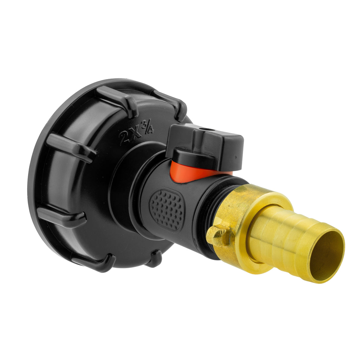 IBC S60X6 Cap & Inline Valve – 19mm Brass Hose Tail; supplied fittings shown.