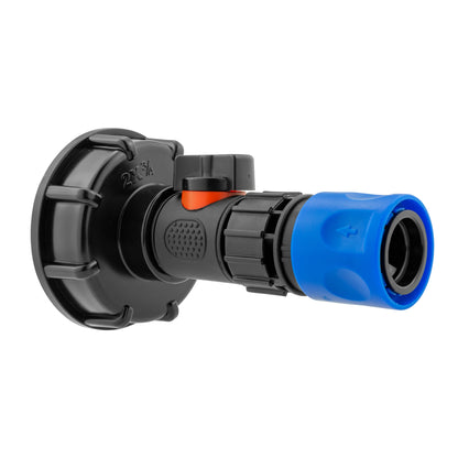 Black S60X6 IBC adapter with inline valve and blue female snap-on hose connector.