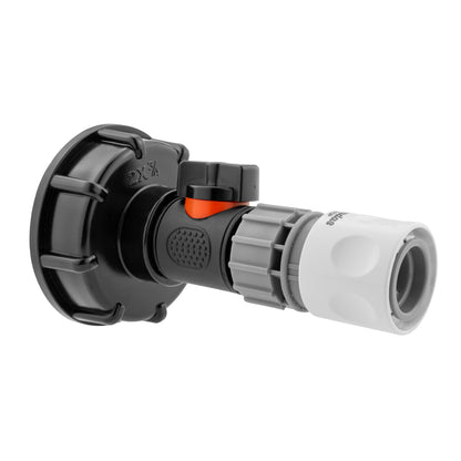IBC S60X6 Cap & Inline Valve – Grey/White Female Quick Socket; supplied fittings shown.