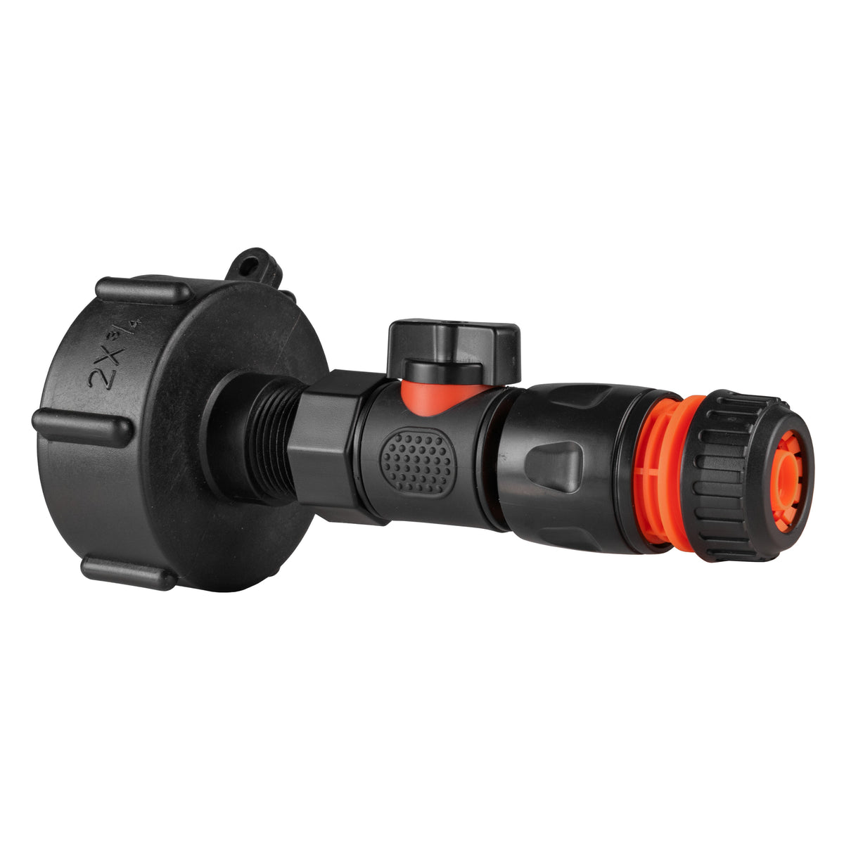 S60X6 IBC adapter, black inline valve and black-and-orange snap-on hose connector.