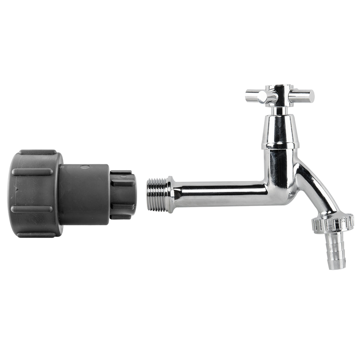 S60X6 IBC Extender kit with extended cross-head tap and half-inch hose-barb outlet.